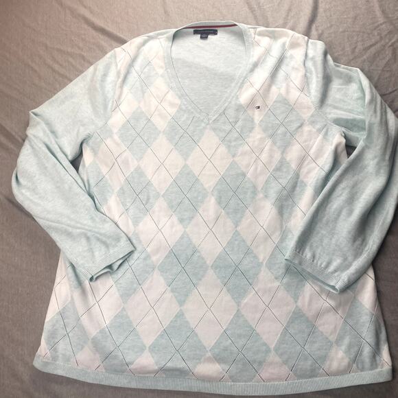 Tommy Hilfiger V-Neck Sweater Argyle Academia Nerd Core White Teal XXL Preppy - Picture 1 of 8